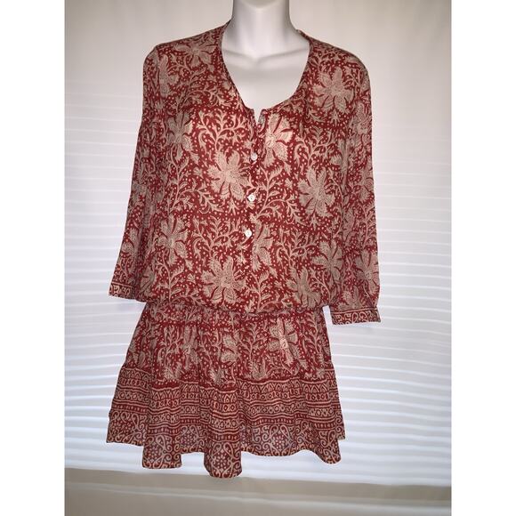 Bell By Alicia Bell Red Smocked Mini Dress Size Small Button Down Floral - Picture 2 of 9